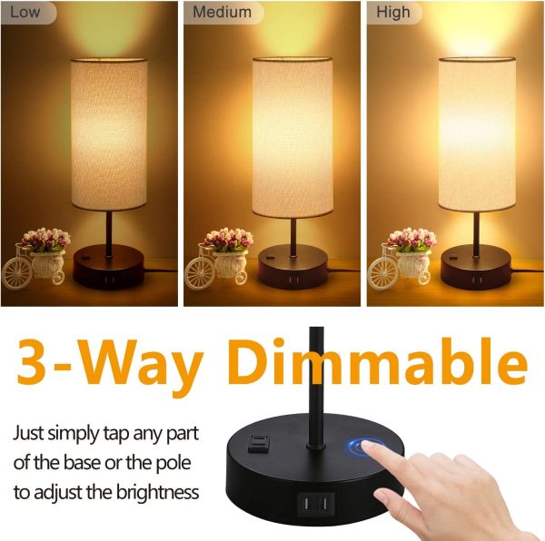 3-Way Dimmable Nightstand Lamps with 2 USB Charging Ports&1 AC Outlet - Image 2
